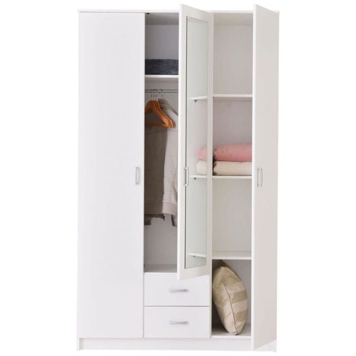 White 3-door wardrobe with mirrored door and two drawers, BURLEIGH model