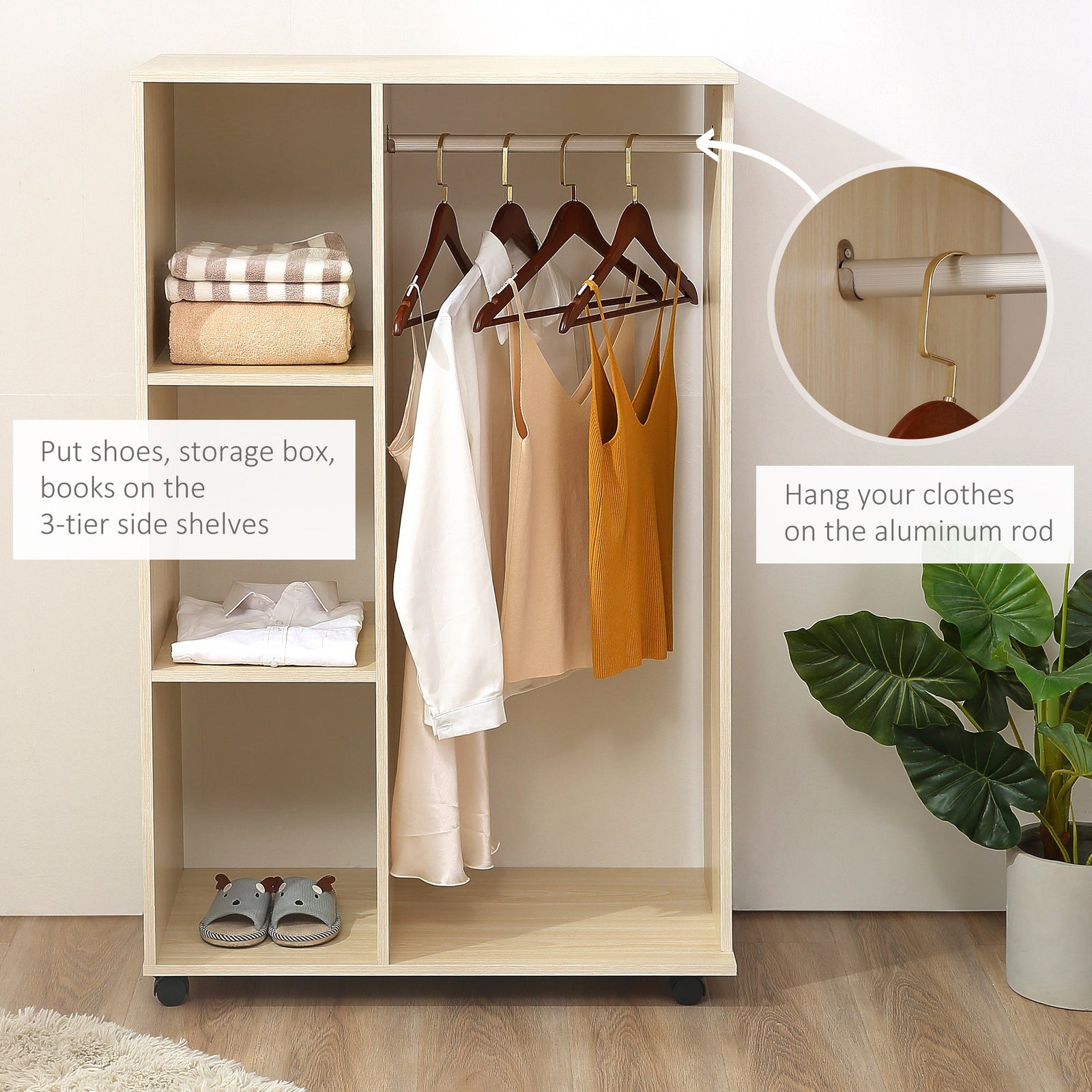 homcom open wardrobe on wheels bedroom wardrobe with clothes hanging rail 3 storage shelves mobile garment rack for cloakroom hallway maple wood effect