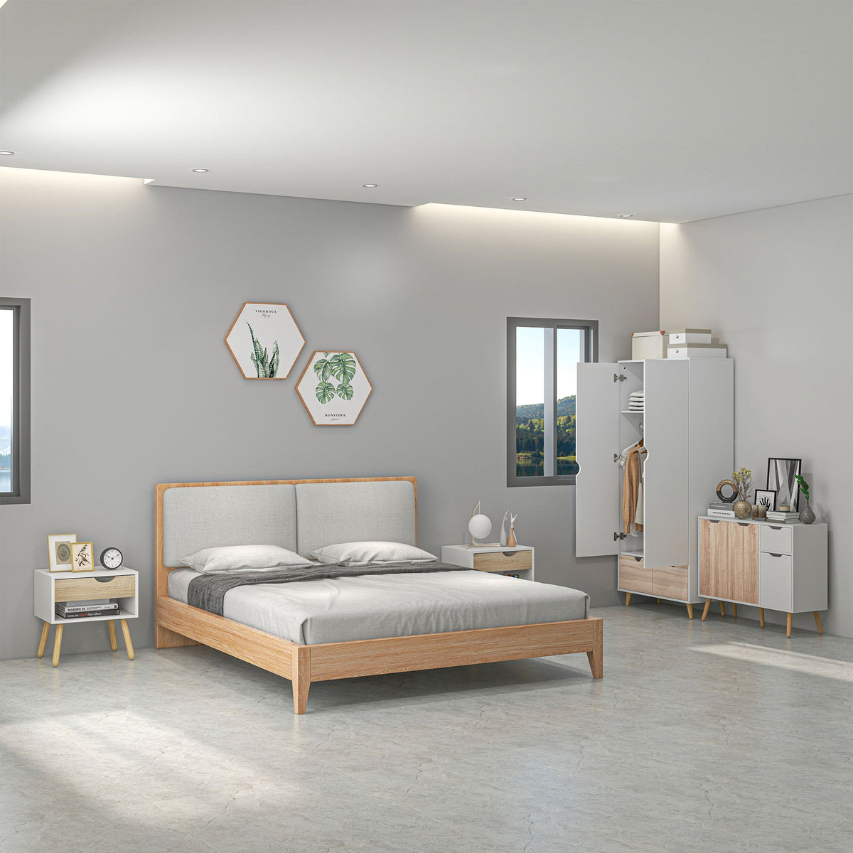 homcom bedroom furniture set wardrobe with hanging rod side cabinet with wood legs bedside table with drawer nature wood finish and white