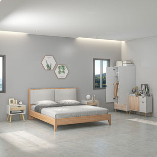 homcom bedroom furniture set wardrobe with hanging rod side cabinet with wood legs bedside table with drawer nature wood finish and white