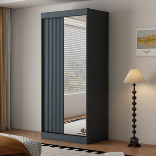 Dark grey 100cm 2 door sliding wardrobe with mirrored door and ribbed panel