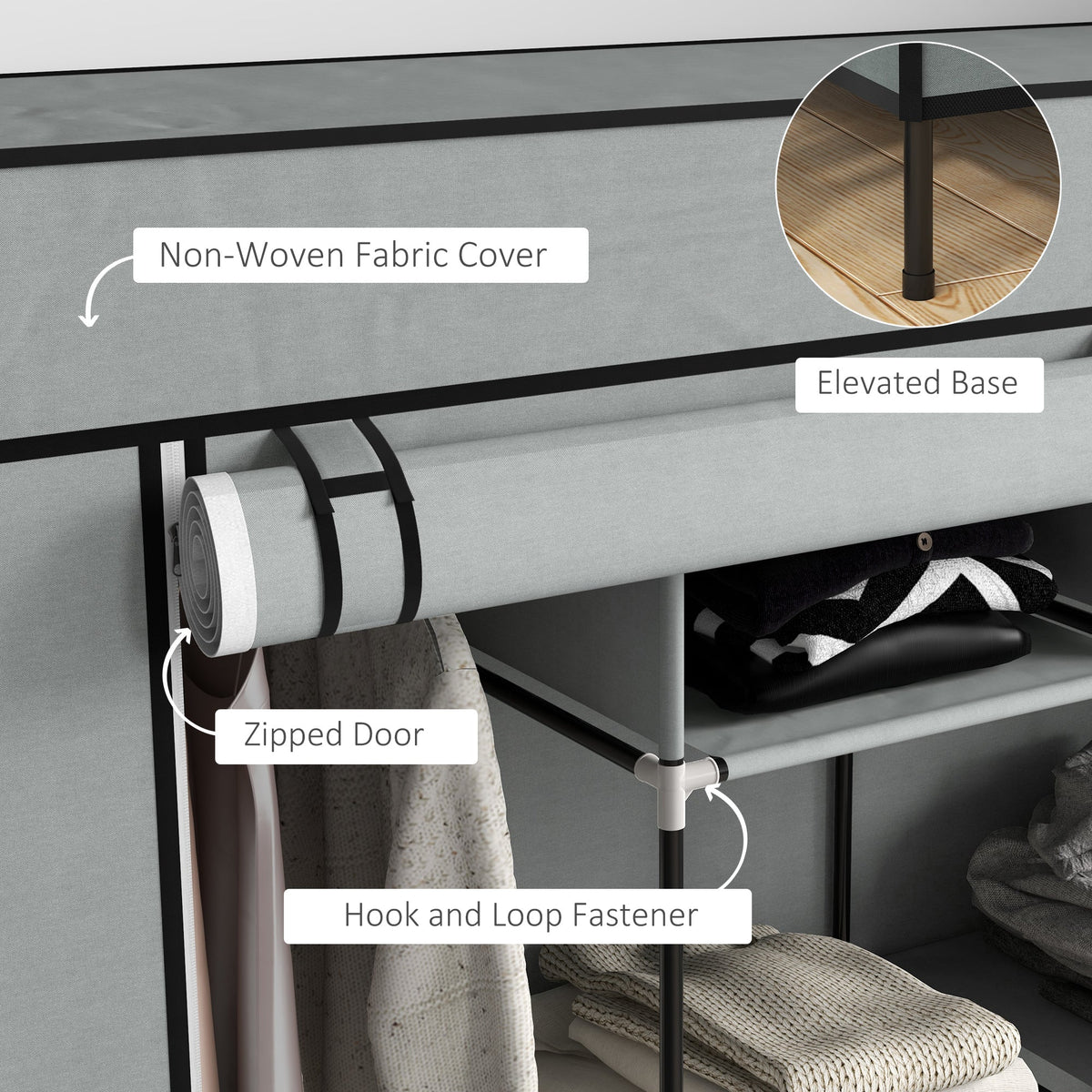 homcom fabric wardrobe for bedroom portable cloth wardrobe with 10 compartments 2 hanging rails and 4 fabric drawers 166 x 42 5 x 169 5cm dark grey