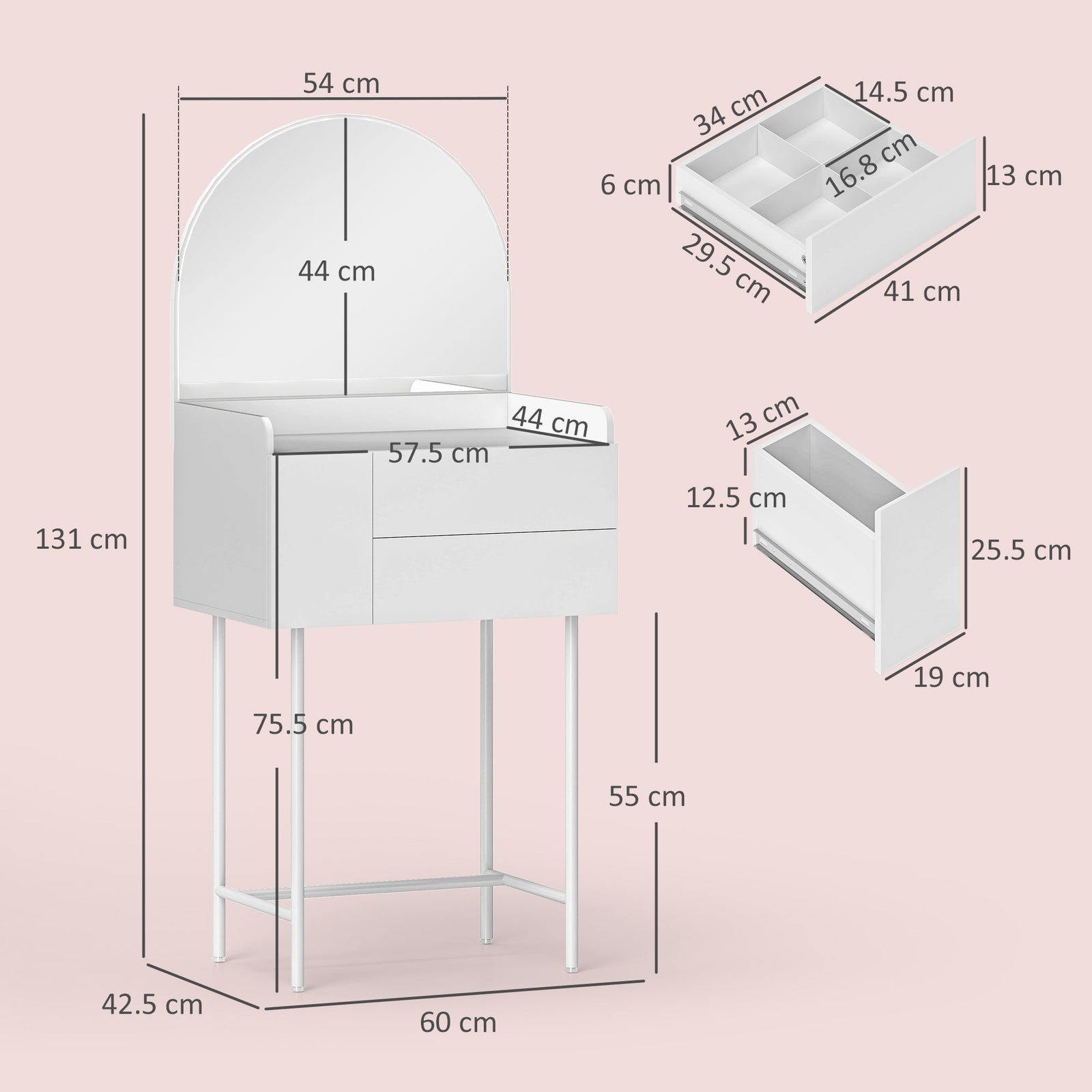 homcom three drawer compact dressing table white