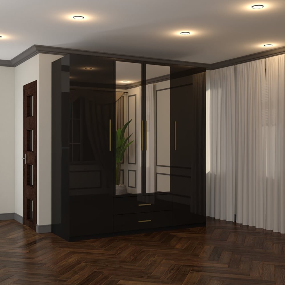 XD1 Black high gloss 160cm wardrobe with 4 doors, 2 drawers, gold handles and mirrored panels.