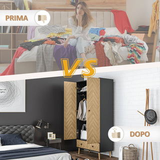 homcom modern wardrobe cabinet wood grain sticker surface with shelf hanging rod and 2 drawers 90x50x190cm