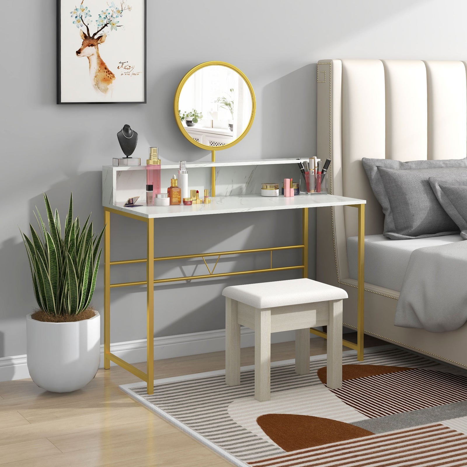 homcom modern dressing table with round mirror vanity makeup desk with open storage faux marble texture and steel frame for bedroom white