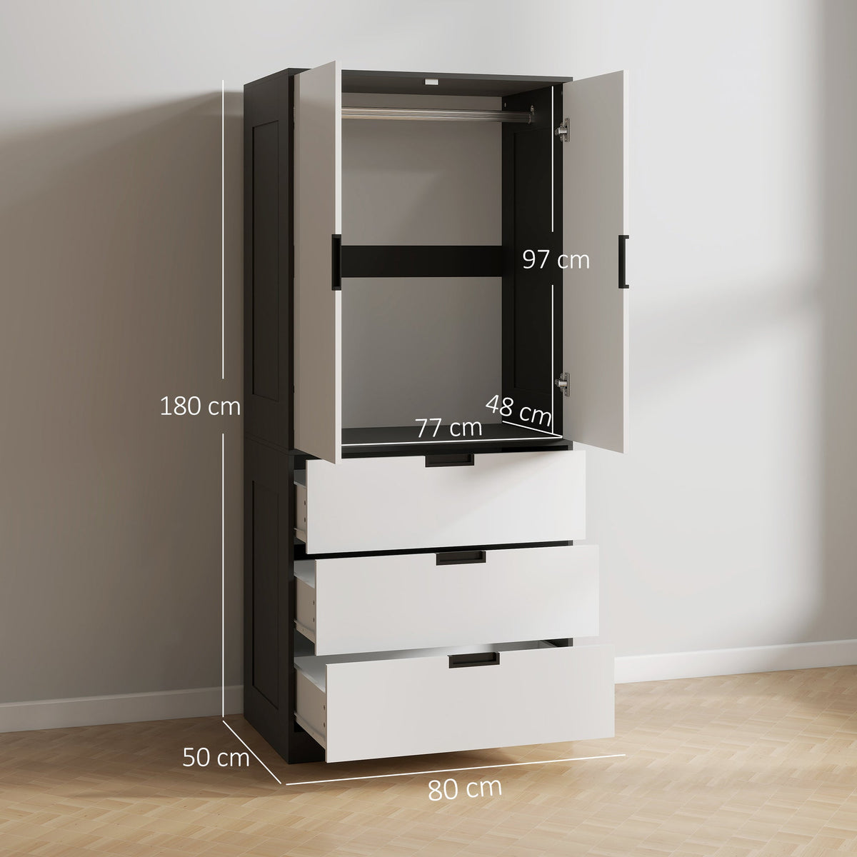 homcom 2 door wardrobe modern wardrobe with 3 drawers and hanging rod for bedroom high gloss white