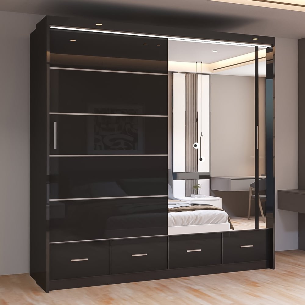 CHOICEWARDROBE Sycylia 203cm black high gloss sliding door wardrobe with mirrored panel and visible drawers.