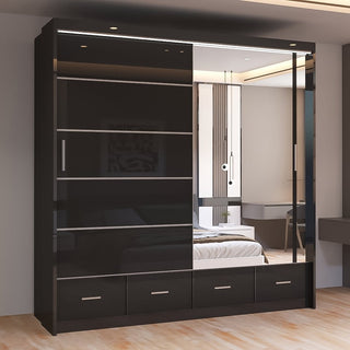 CHOICEWARDROBE Sycylia 203cm Sliding Door Wardrobe – Black High Gloss Finish, 2-Door, Mirrored Panel and Pull Out Drawers