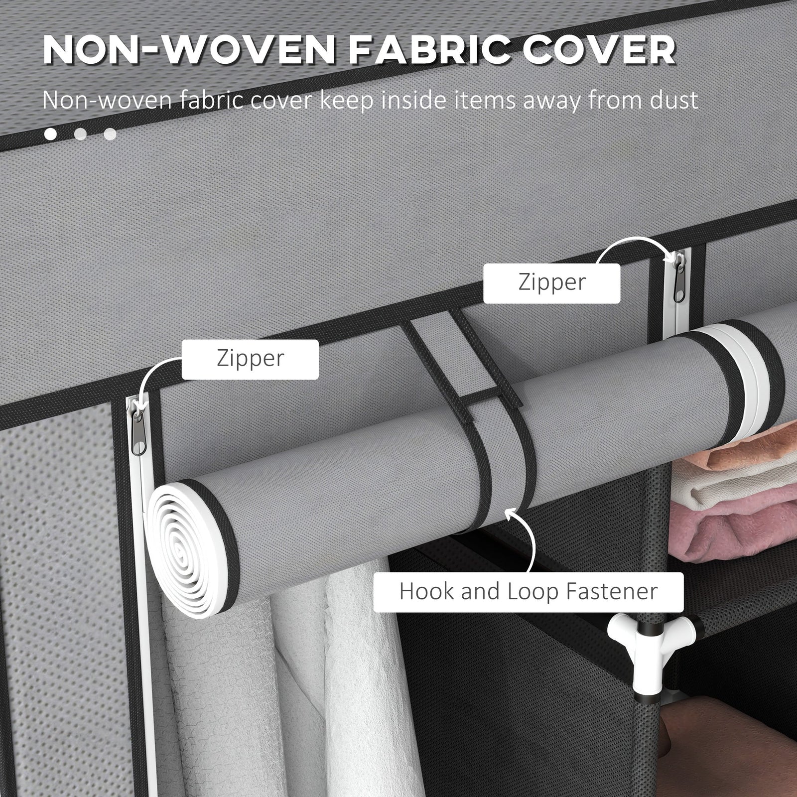 homcom foldable fabric wardrobe for bedroom portable wardrobe with 5 shelves 2 hanging rails and 3 fabric drawers dark grey