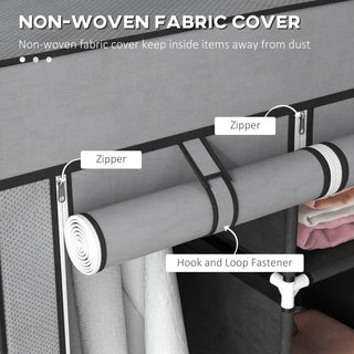 homcom foldable fabric wardrobe for bedroom portable wardrobe with 5 shelves 2 hanging rails and 3 fabric drawers dark grey