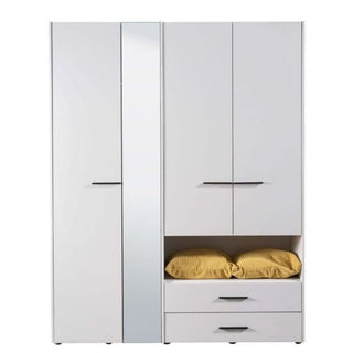 White 4-door wardrobe with a mirrored panel and two visible drawers