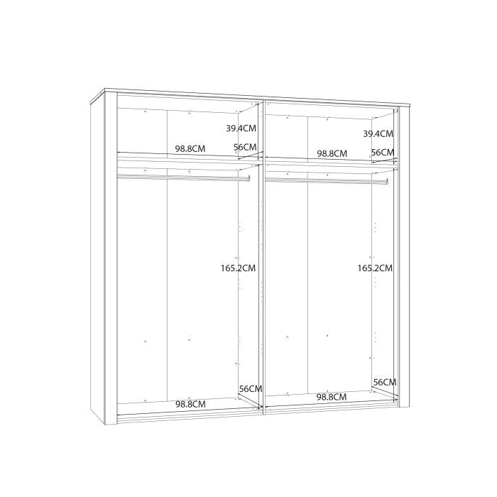 Line drawing diagram of BUENOS 4 door wardrobe in Riviera Oak and White, showing internal dimensions.