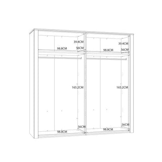 Line drawing diagram of BUENOS 4 door wardrobe in Riviera Oak and White, showing internal dimensions.