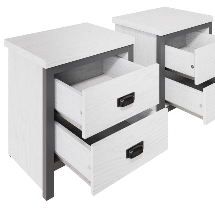Two white two-drawer bedside tables with dark grey frames and black handles, shown with drawers open.
