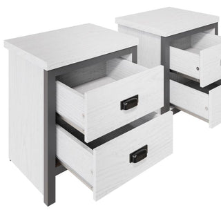 Two white two-drawer bedside tables with dark grey frames and black handles, shown with drawers open.
