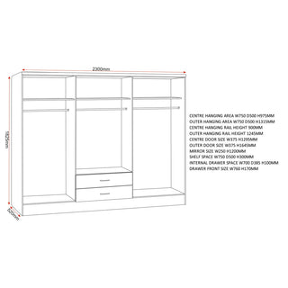 CHOICEWARDROBE Modara 230cm 6 Door Mirrored Wardrobe – Dark Grey Oak Wood Grain Finish | Extra-Large Bedroom Storage with Drawers & Hanging Rails