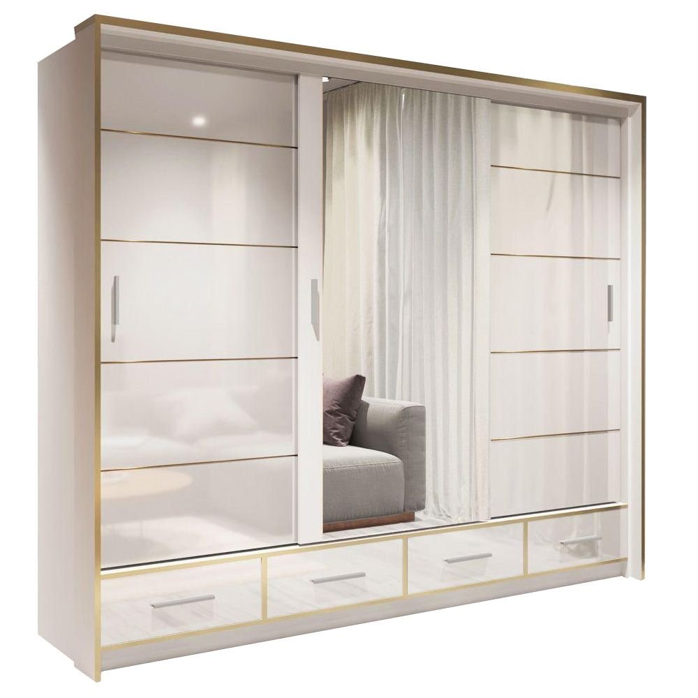 CHOICEWARDROBE 3 door white gloss sliding wardrobe with mirrored panel and gold trim
