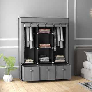 homcom foldable fabric wardrobe for bedroom portable wardrobe with 5 shelves 2 hanging rails and 3 fabric drawers dark grey