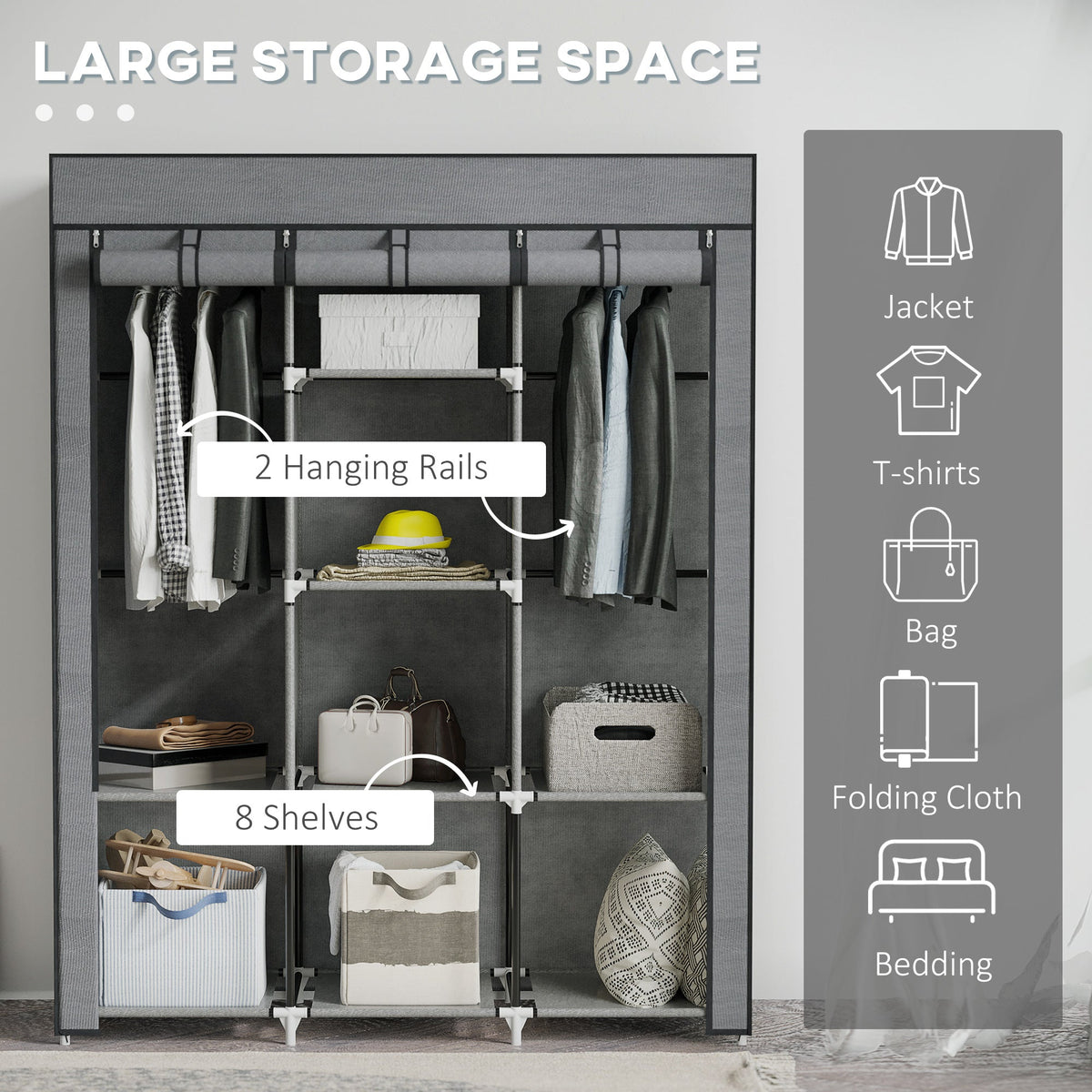 homcom fabric wardrobe with rails and shelves dark grey