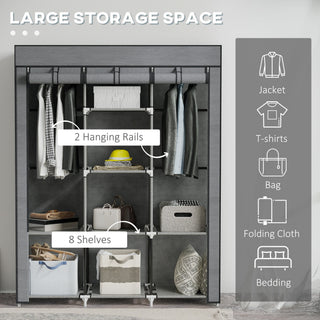 homcom fabric wardrobe with rails and shelves dark grey