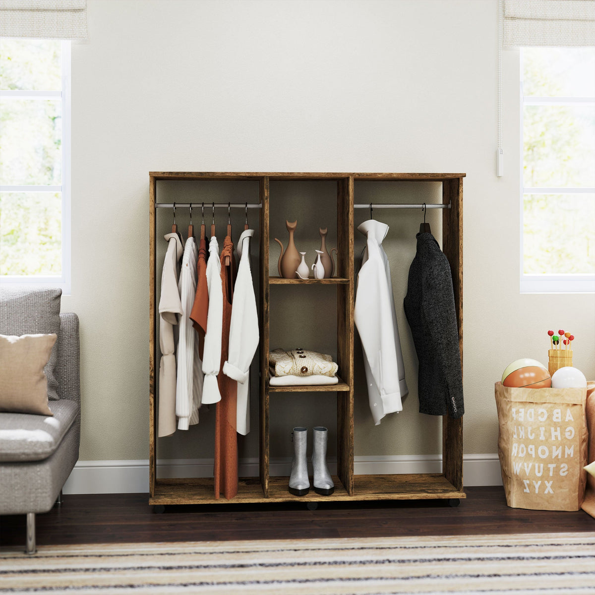 homcom open wardrobe double mobile storage shelves organizer w 6 wheels rustic brown