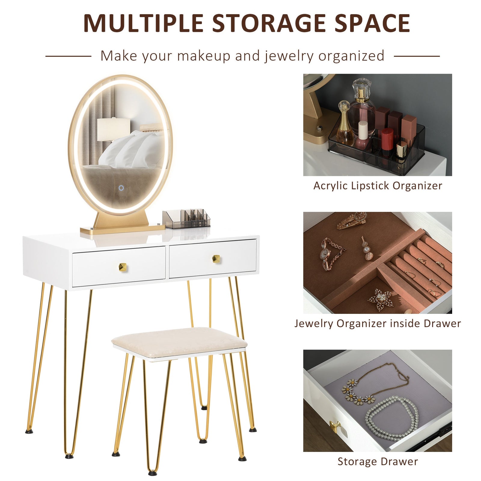 homcom dressing table with led mirror and cushioned stool vanity desk with acrylic lipstick holder and 2 drawers makeup table for bedroom white