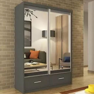 CHOICEWARDROBE Newry 150cm Sliding Door Wardrobe – Grey Finish, 2-Door, Mirrored Doors and Pull Out Drawers
