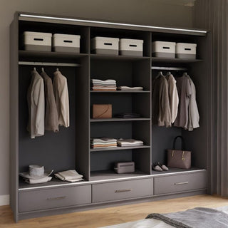 Grey 3 door sliding wardrobe with mirror door, LED lighting, shelves, hanging space and 3 drawers.