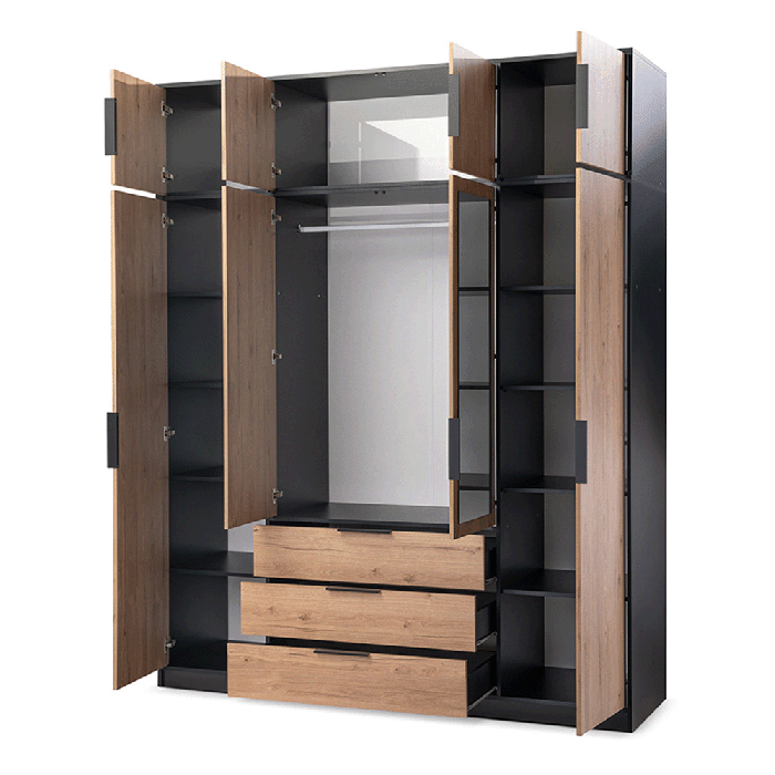 BELLVYN 4 door wardrobe in black with oak effect doors, two mirrored doors and three drawers.