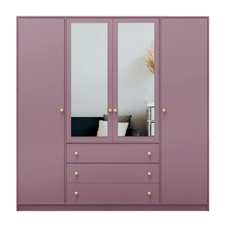 Purple 4 door hinged wardrobe with 2 mirrored centre doors and 3 external drawers