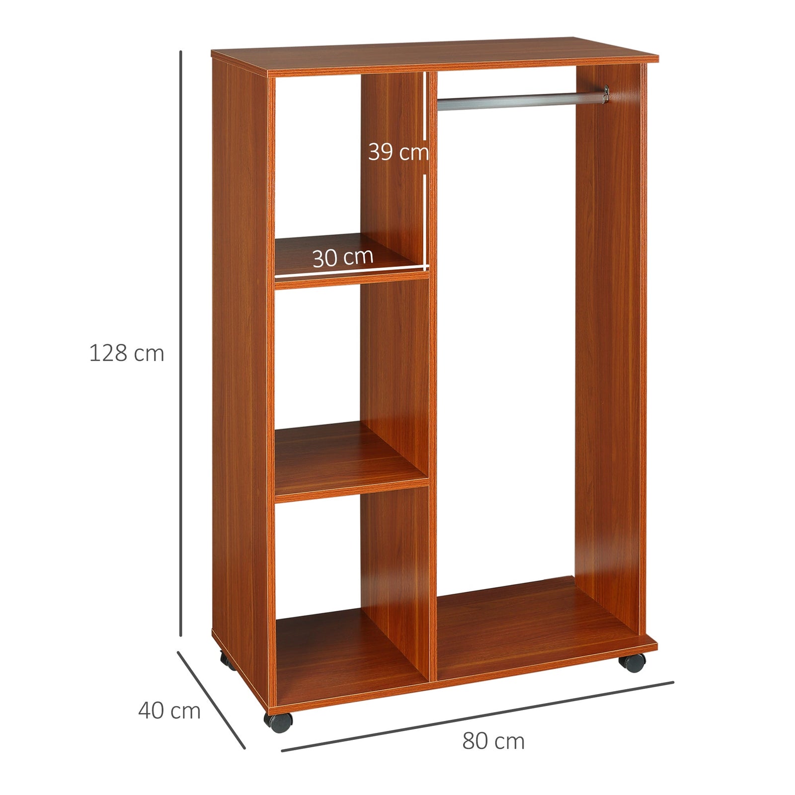 homcom open wardrobe on wheels bedroom wardrobe with clothes hanging rail 3 storage shelves mobile garment rack for cloakroom hallway walnut