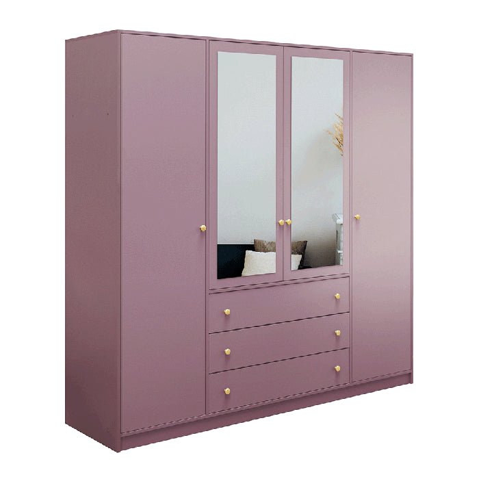 Purple 4 door hinged wardrobe with 2 mirrored doors and 3 drawers