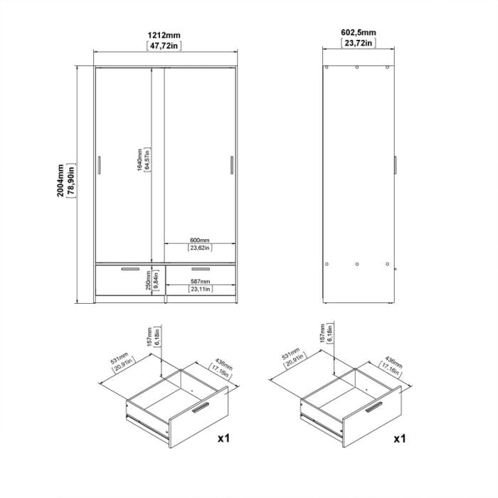 Technical dimension diagram of Oak effect 2-door wardrobe with 2 drawers, 121.2cm wide.