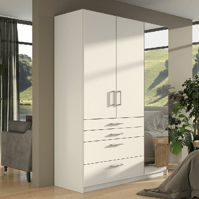 White 3-door wardrobe with 4 drawers and silver handles in a room setting.