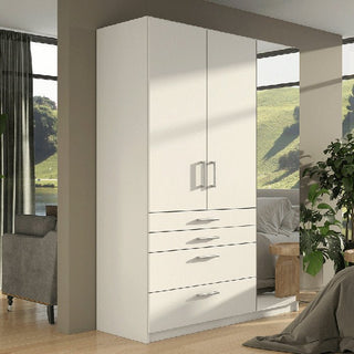 White 3-door wardrobe with 4 drawers and silver handles in a room setting.