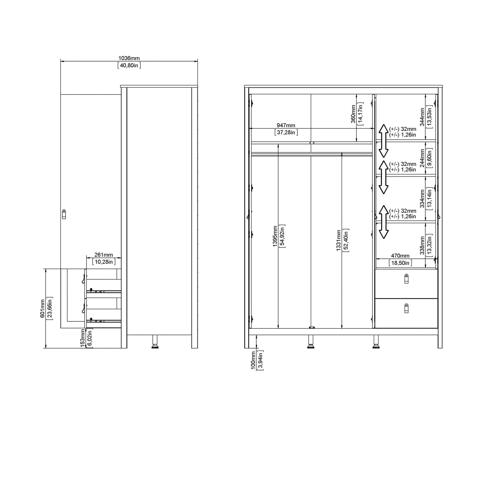 Burnley 150cm 3-Door Mirrored Wardrobe with 2 Drawers – Cashmere – product image 13