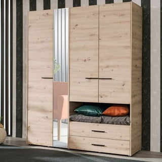 Grey Oak four-door wardrobe with one mirrored door and two drawers