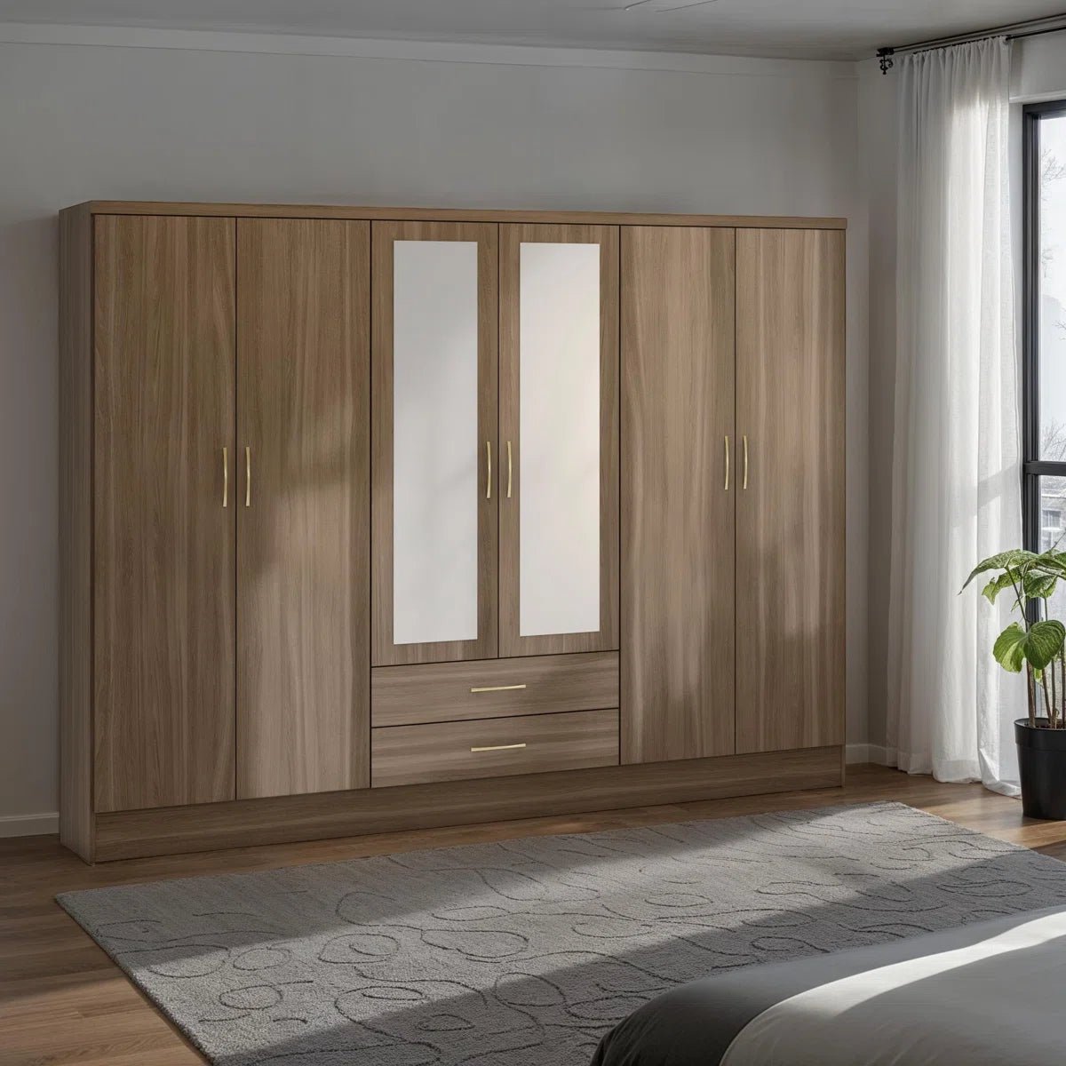 CHOICEWARDROBE Modara Rustic Oak effect 6-door wardrobe with 2 drawers and central mirrored panels.