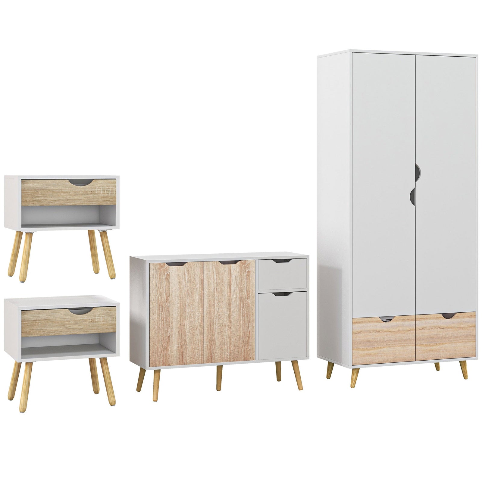 homcom bedroom furniture set wardrobe with hanging rod side cabinet with wood legs bedside table with drawer nature wood finish and white