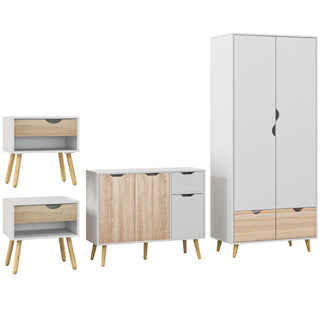 homcom bedroom furniture set wardrobe with hanging rod side cabinet with wood legs bedside table with drawer nature wood finish and white