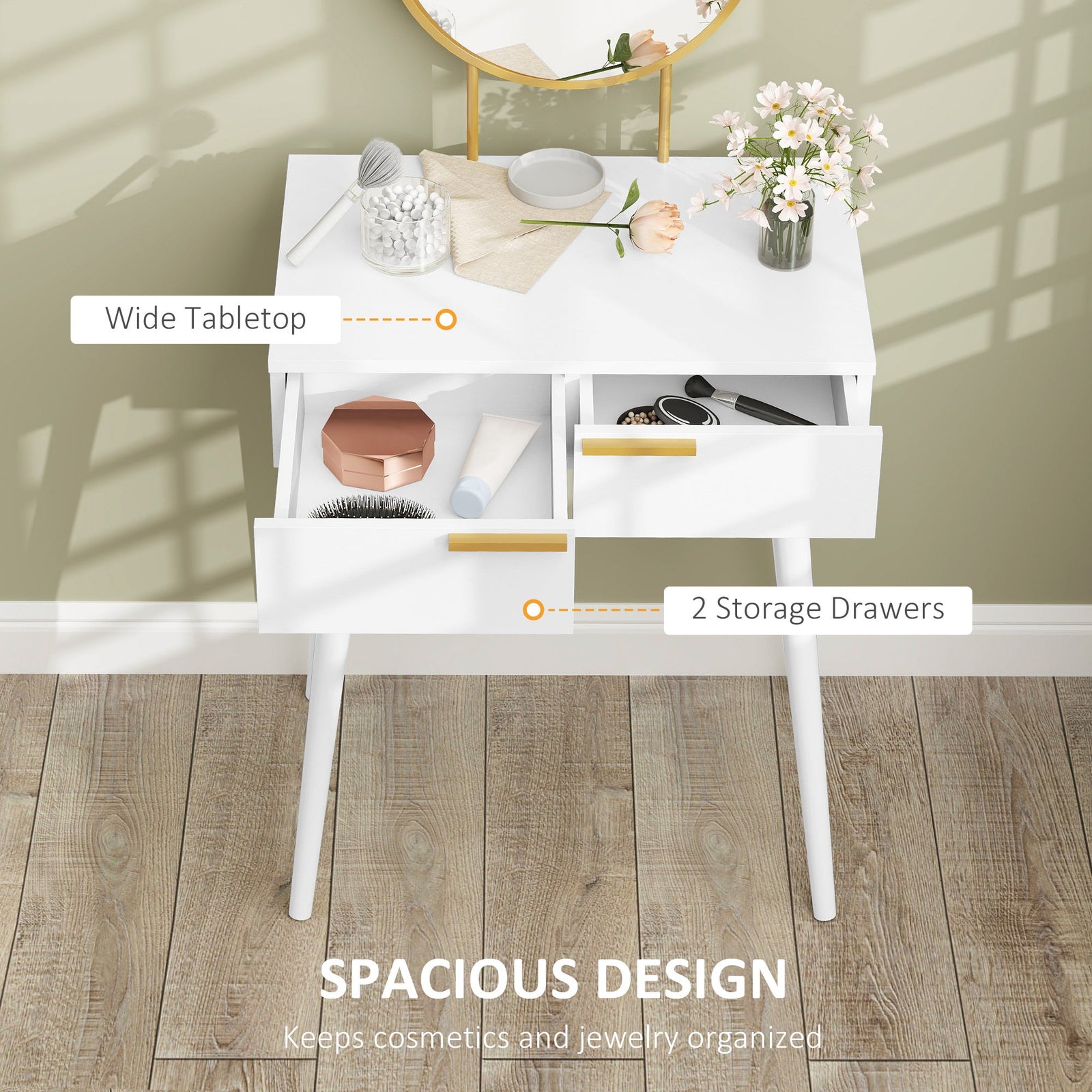 homcom elegant dressing table with round mirror 60 x 40 x 123 cm white