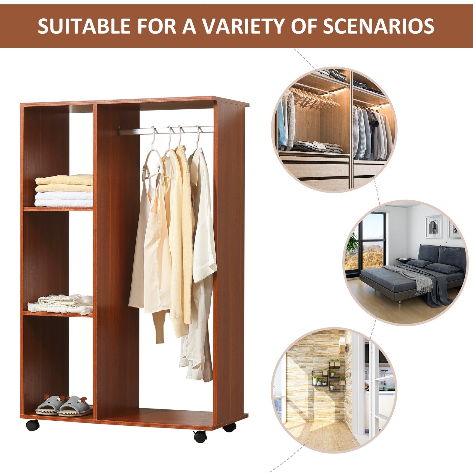 homcom open wardrobe on wheels bedroom wardrobe with clothes hanging rail 3 storage shelves mobile garment rack for cloakroom hallway walnut