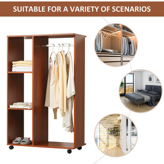homcom open wardrobe on wheels bedroom wardrobe with clothes hanging rail 3 storage shelves mobile garment rack for cloakroom hallway walnut