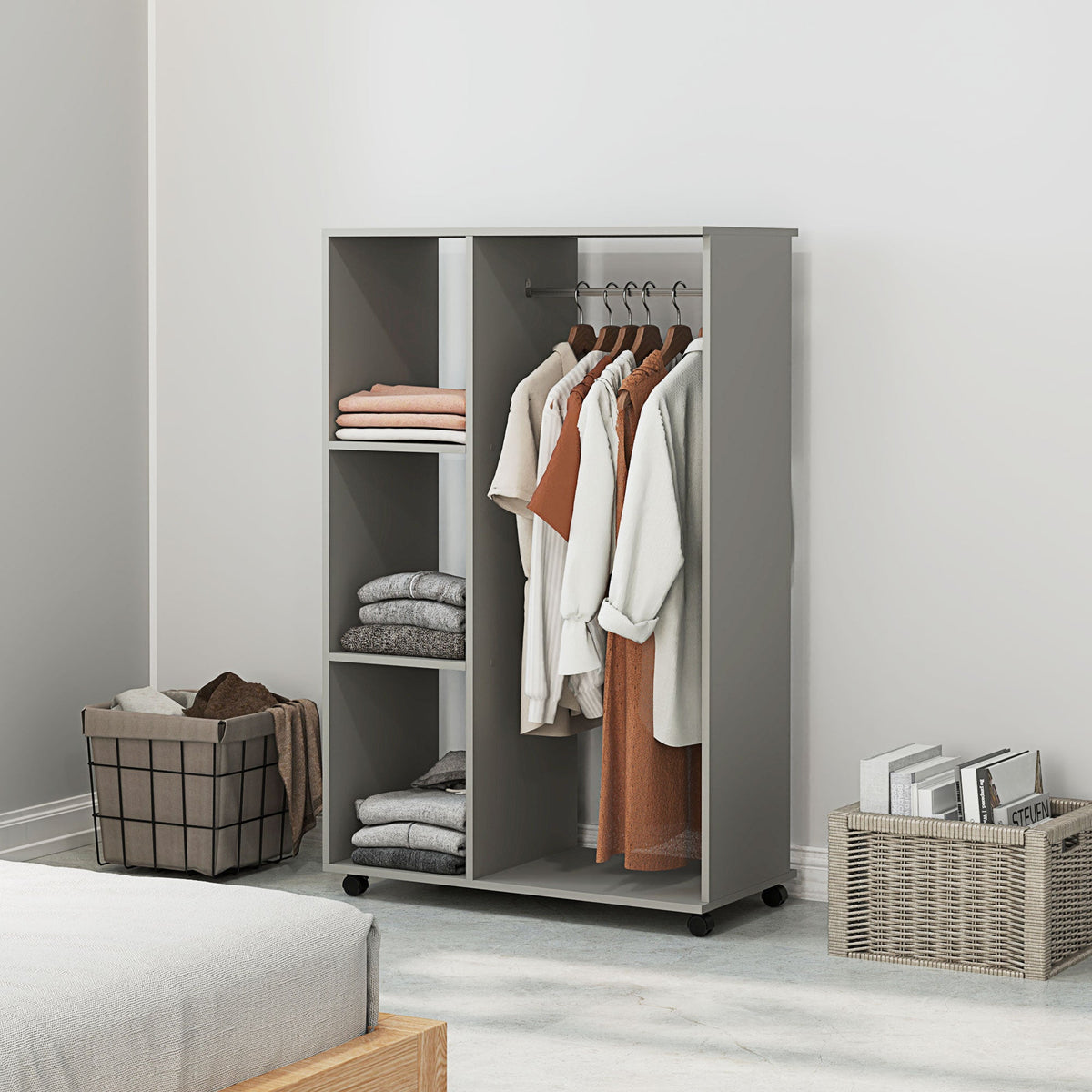 homcom open wardrobe on wheels bedroom wardrobe with clothes hanging rail 3 storage shelves mobile garment rack for cloakroom hallway grey