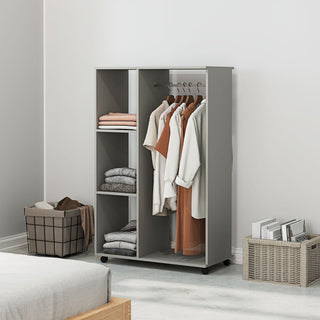 homcom open wardrobe on wheels bedroom wardrobe with clothes hanging rail 3 storage shelves mobile garment rack for cloakroom hallway grey