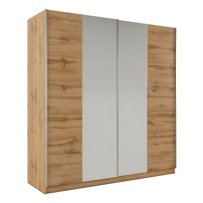 Two-door sliding wardrobe with mirrored centre panels and Oak Wotan wood effect sides.