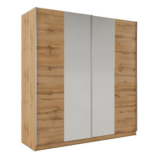 Two-door sliding wardrobe with mirrored centre panels and Oak Wotan wood effect sides.