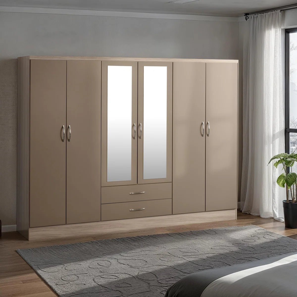 CHOICEWARDROBE Mack 230cm 6 door mirrored wardrobe in oyster gloss and oak finish with drawers