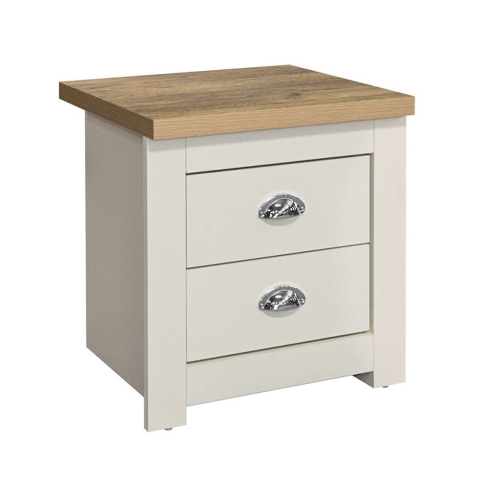Cream and oak-effect bedside cabinet with two drawers and silver cup handles